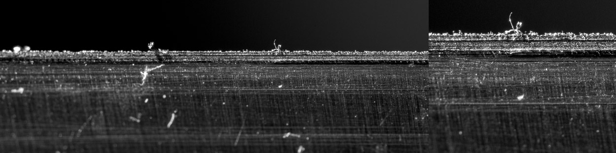 ostří nože po protažení karbidovým brouskem - vzniklá kolejnice pod mikroskopem