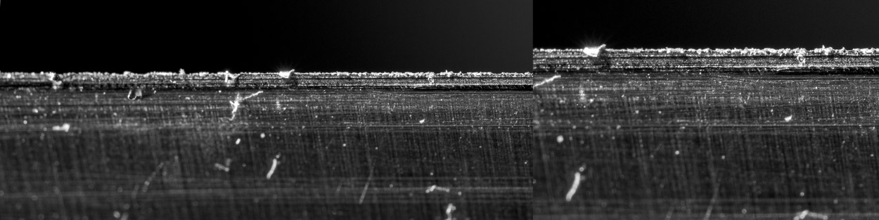 ostří nože po 5 protaženích karbidovým brouskem - přetrvávající pilka
