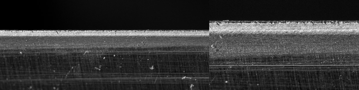 ostří nože po obtažení na kůži s pastou - odstranění otřepu po karbidovém broušení