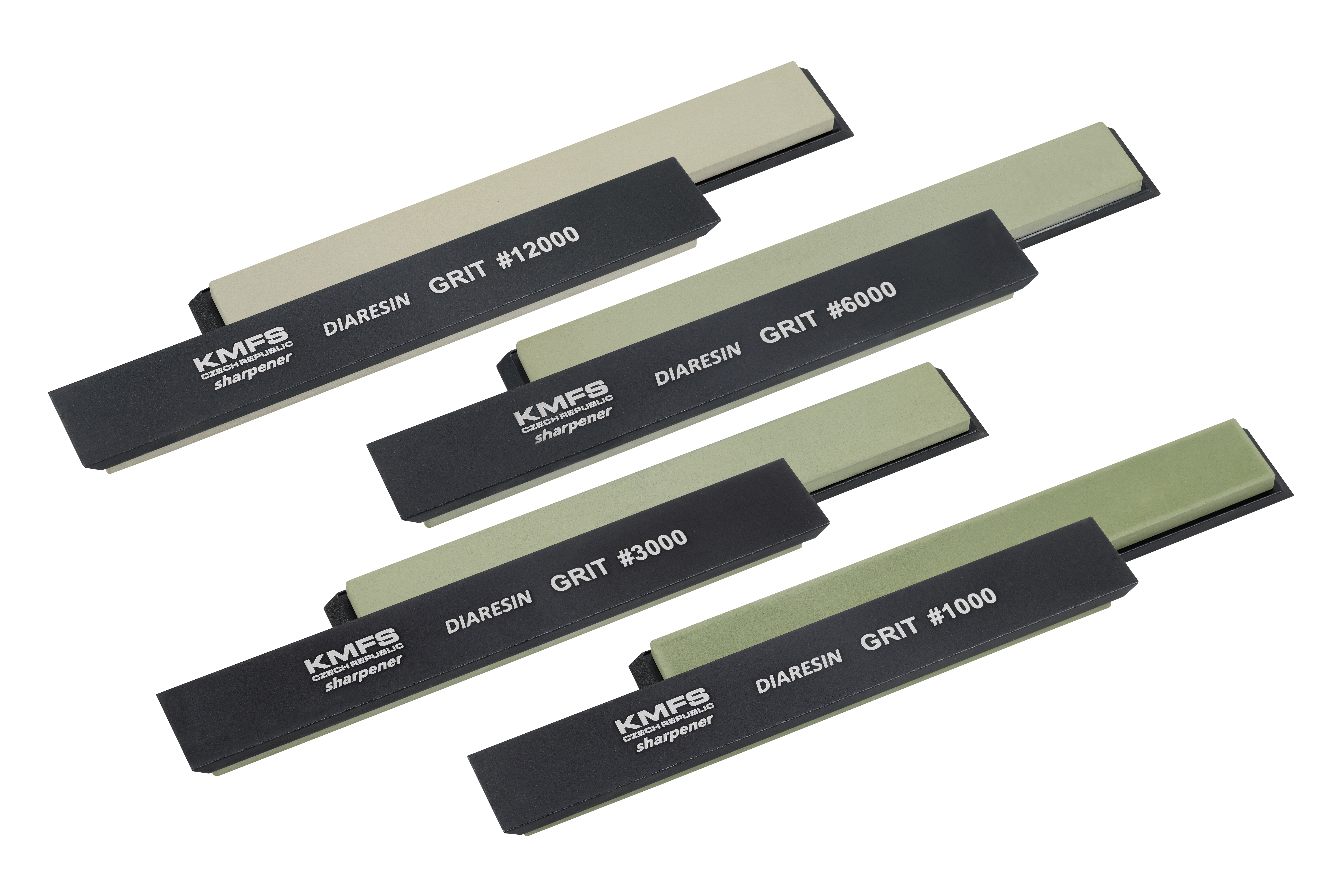KMFS DiaResin sada 4 diamantových resinových brusných kamenů 1000 3000 6000 12000 grit plastový rybinový podklad