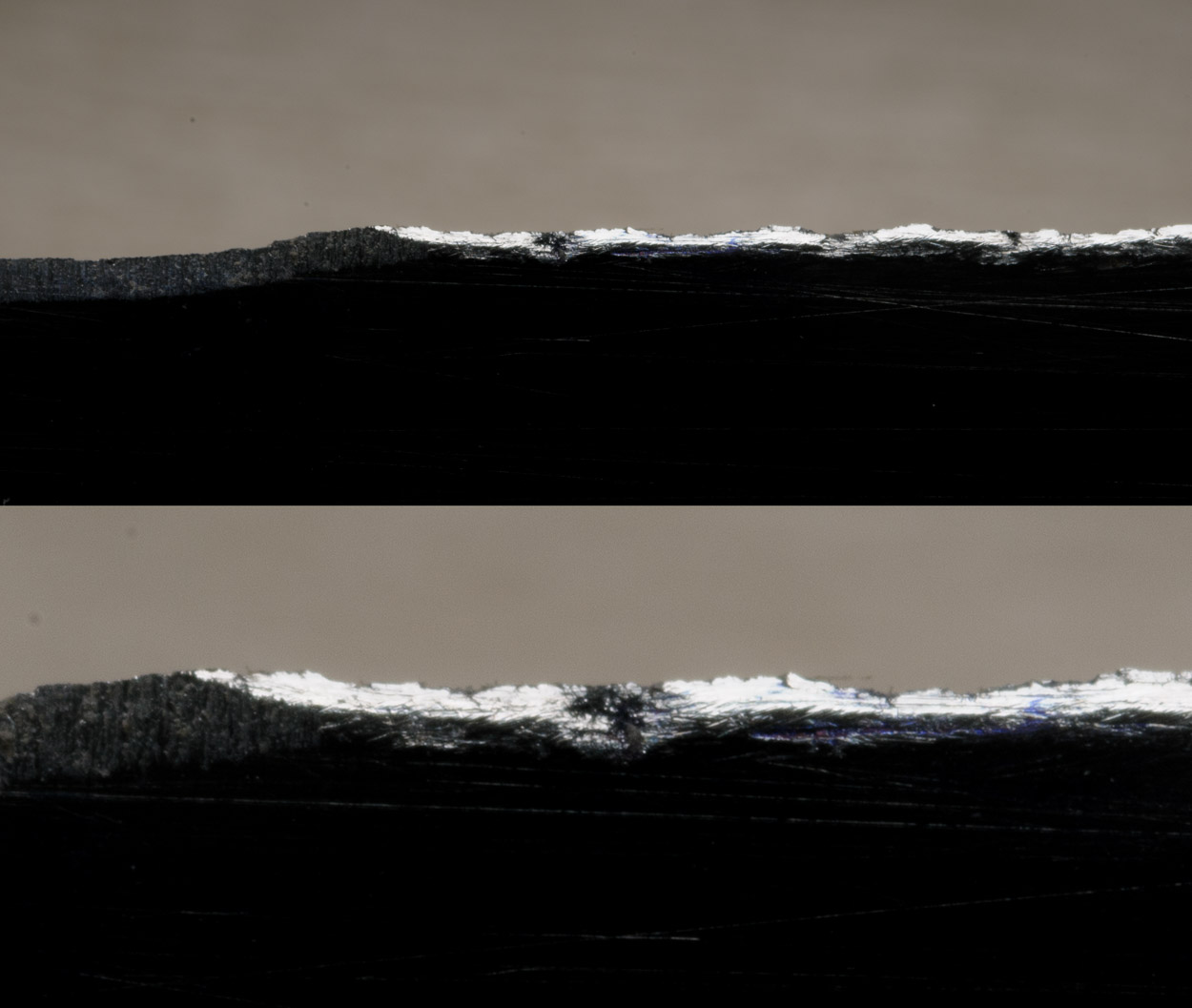 ohnuté a vylámané ostří nože - poškození karbidovým protahovacím brouskem