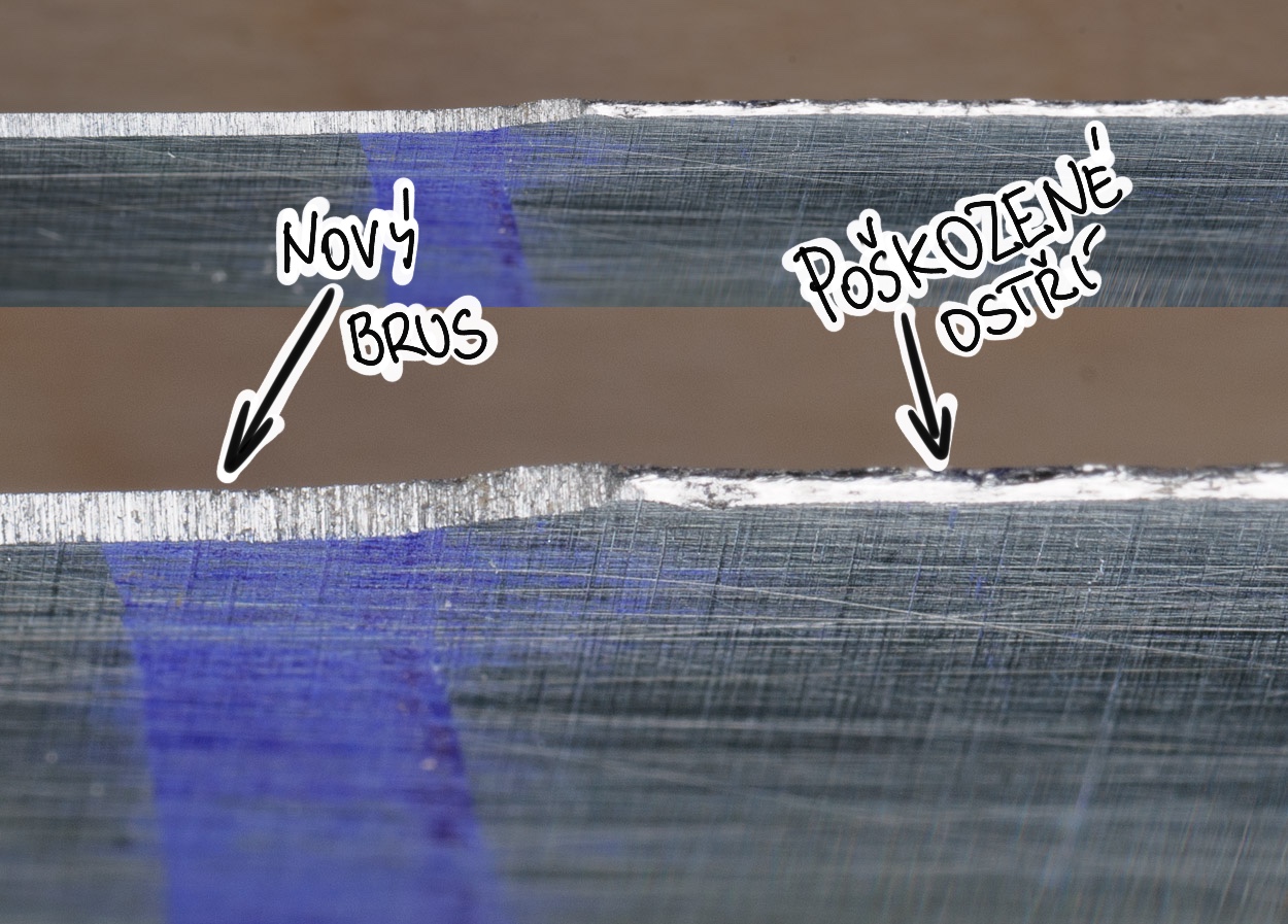 ostří nože po nabroušení pod mikroskopem - vlevo čerstvý řez vpravo poškozené