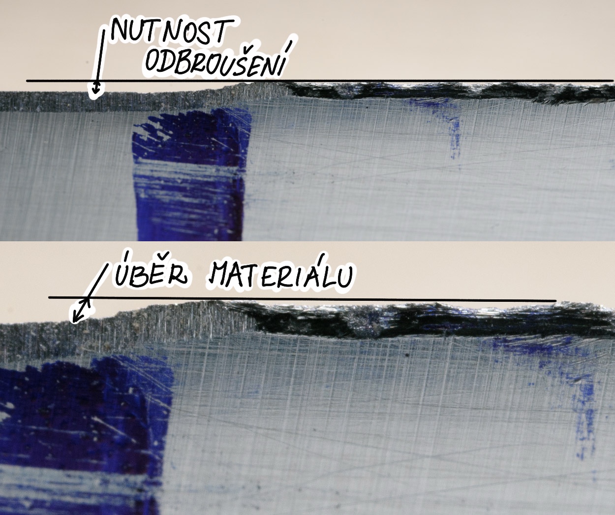 detail poškozeného ostří nože - nutnost hlubšího přebroušení