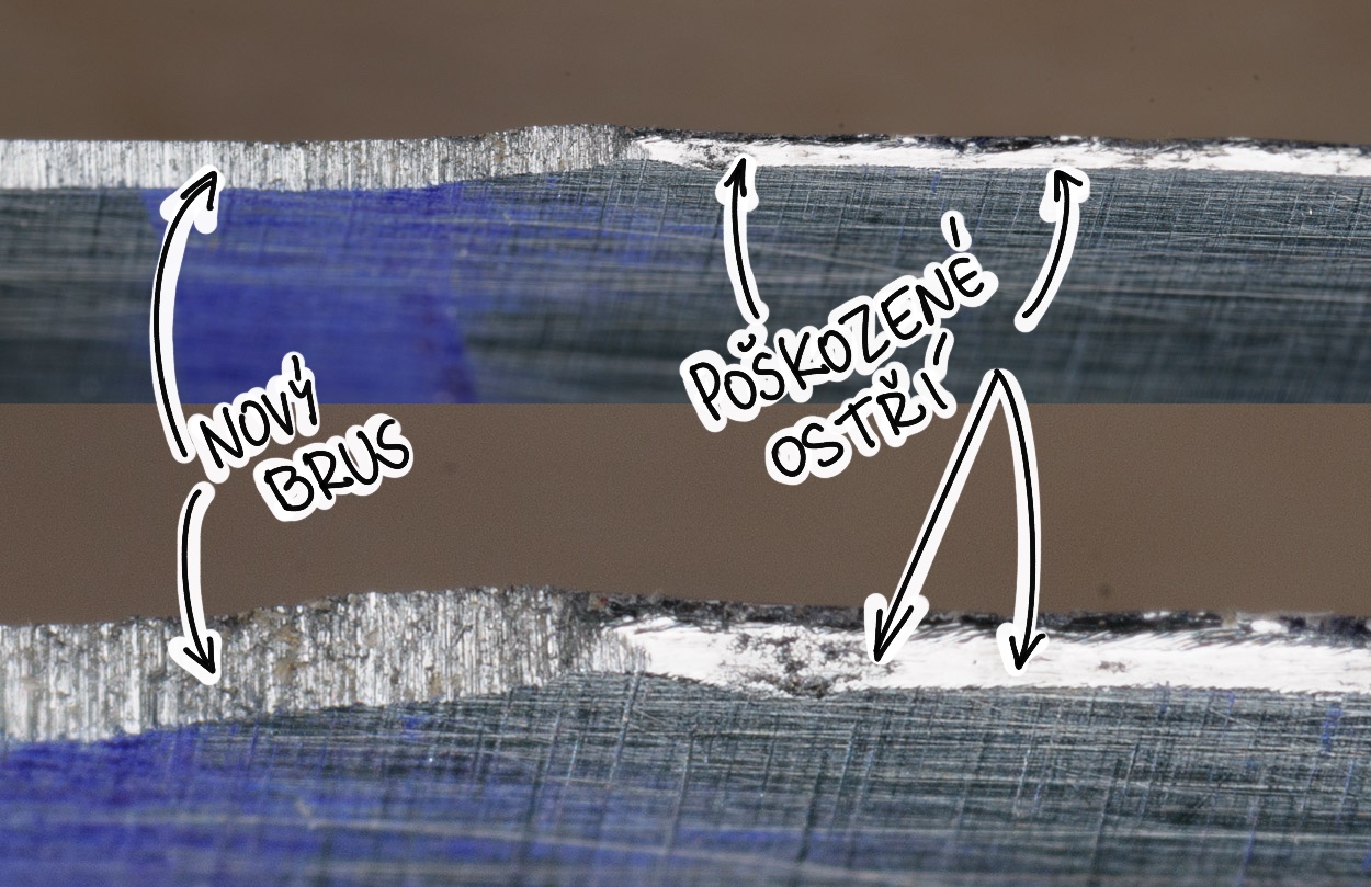 porovnání ostří nože před a po broušení - mikroskopický snímek