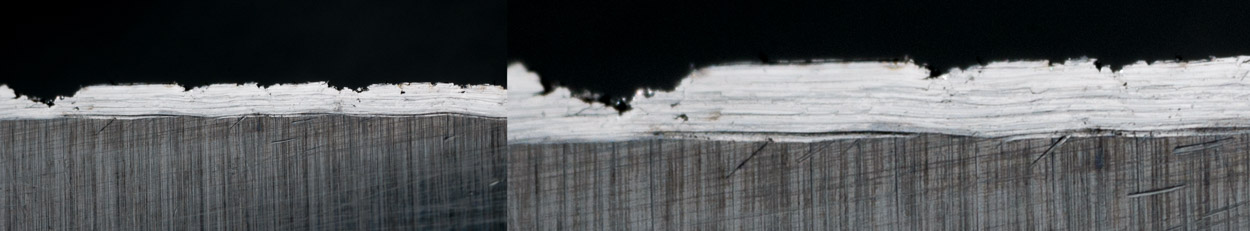 vylámané a poškozené ostří nože pod mikroskopem - karbidový brousek