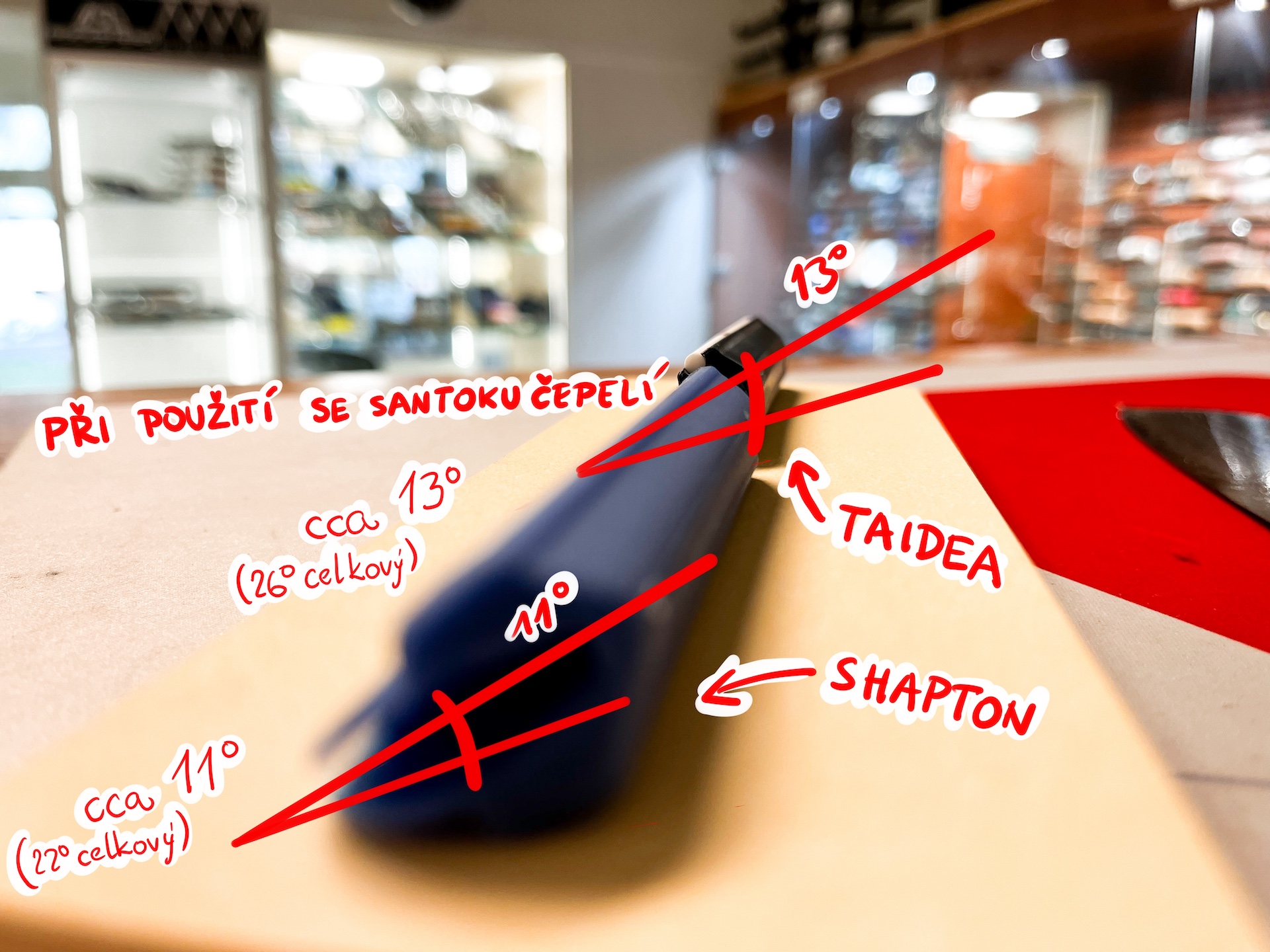 srovnání vodítek shapton a taidea - výsledný úhel broušení nože
